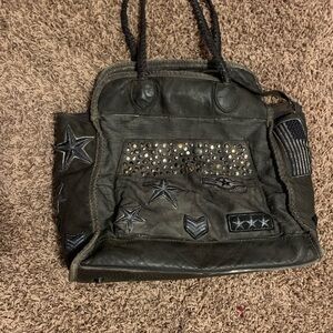 Rare Free People Leather & Cotton Studded & Patched Military Tote L13"W13"D7"